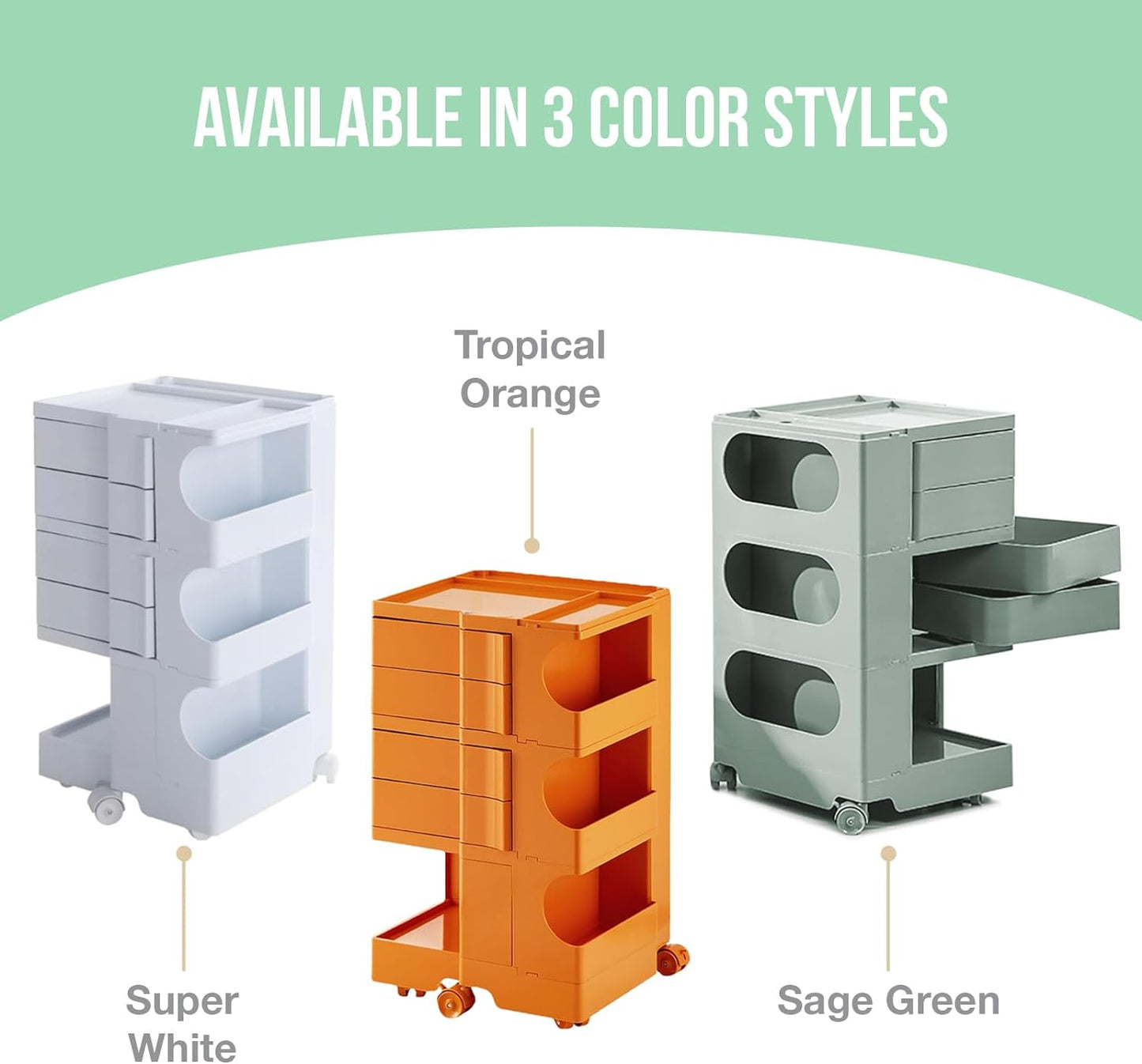 Multipurpose Utility Storage Cart - ABS Plastic Storage Caddy with Wheels and Slide Out Drawers - Sage Green