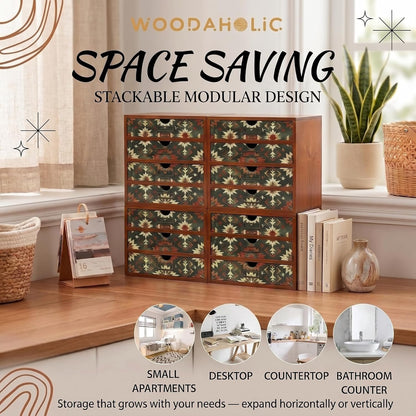 Boho Geometric 16-Drawer Wooden Organizer Set - Modular Stackable Desktop Storage Cabinet for Desk, Vanity, Kitchen, Crafts & Jewelry