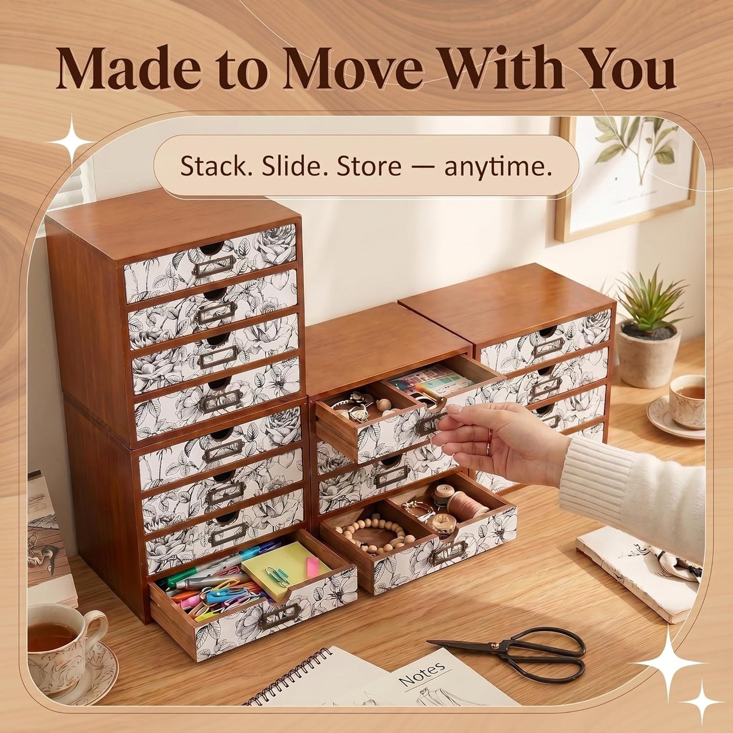 Black & White Floral 16-Drawer Wooden Organizer - Stackable Storage Cabinet with Label Holders for Stationery, Keepsakes, Sewing & Beauty Supplies