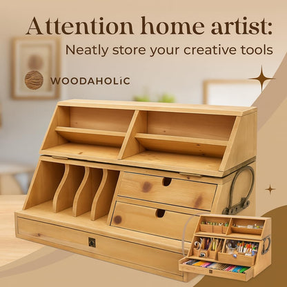Hardwood Artist Desk Organizer with Drawers & Compartments - Collapsible Wooden Storage