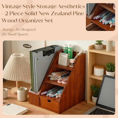 Vintage Wooden Desk Organizer Set of 2 – Desktop File Holder, Shelf Organizer & Drawer Storage