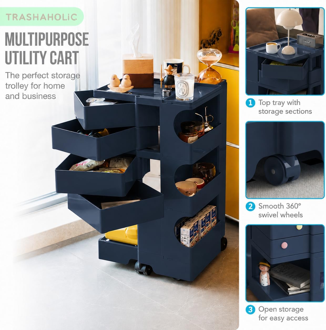 All-in-One Rolling Utility Cart with 4 Swing-Out Drawers, Open Shelves & Swivel Wheels - Navy Blue