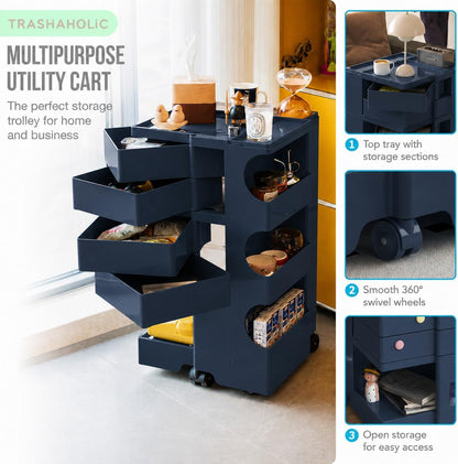 All-in-One Rolling Utility Cart with 4 Swing-Out Drawers, Open Shelves & Swivel Wheels - Navy Blue