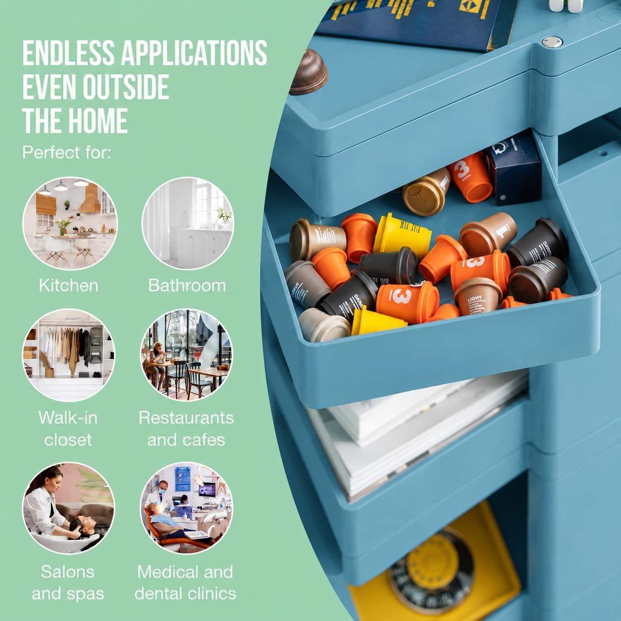 4-Drawer Rolling Storage Trolley with Open Shelves & Multi-Purpose Organizer - Ocean Blue