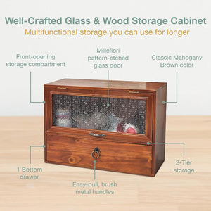 Charming Millefiori Glass & Wood Organizer - 2-Tier Desk Cabinet with Glass Front Drawer for Home & Office