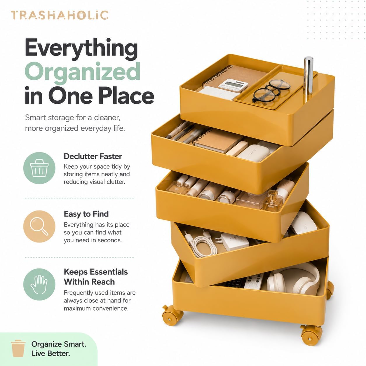 5-Tier Rotating Drawer Utility Cart with Locking Wheels for Crafts, Toys & Office Storage - Yellow