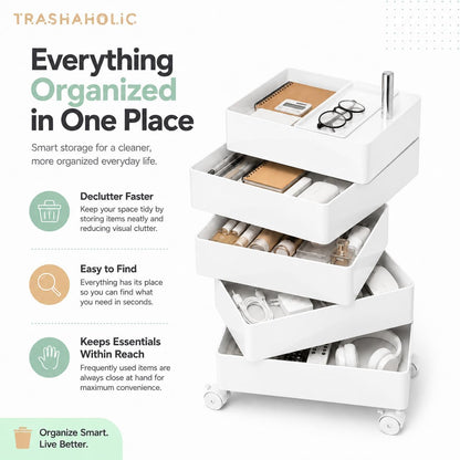 5-Level Rotating Drawer Rolling Organizer Trolley with Locking Casters - White