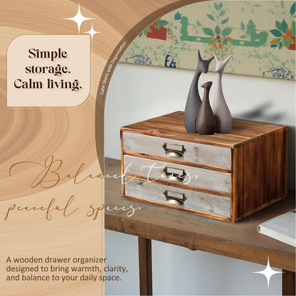 Two-Tone Wood 3-Drawer Organizer - Stackable Desktop Storage Cabinet with Label Pulls for Mail, Receipts, Accessories & Hobby Supplies