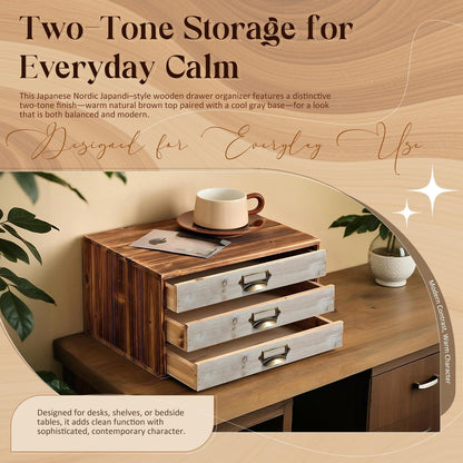 Two-Tone Wood 3-Drawer Organizer - Stackable Desktop Storage Cabinet with Label Pulls for Mail, Receipts, Accessories & Hobby Supplies