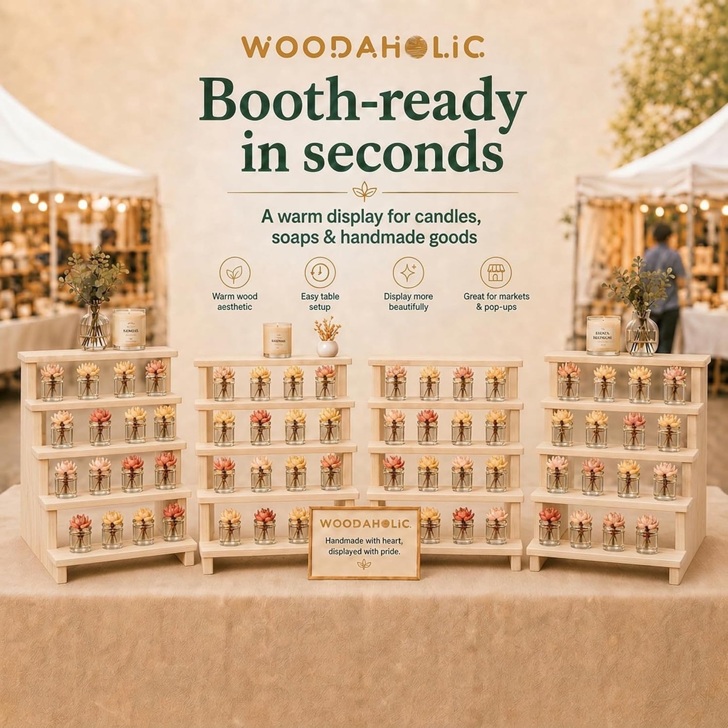 Natural Wood 5-Tier Display Riser Stand - Tabletop Stair-Step Shelf for Perfume, Cupcakes, Candles, Crystals, Nail Polish & Vendor Booths