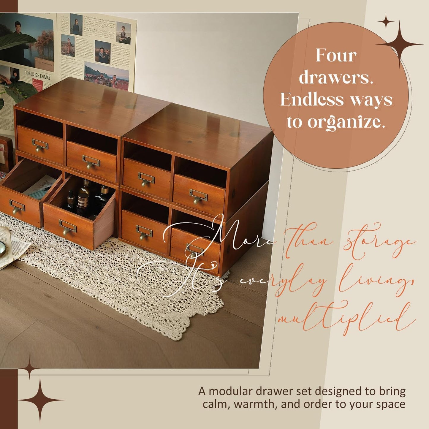 4-Pack Wide Wooden Desktop Drawer Organizer with Brass Label Holders | Stackable 8-Drawer Storage Boxes for Desk, Shelf, Office & Home