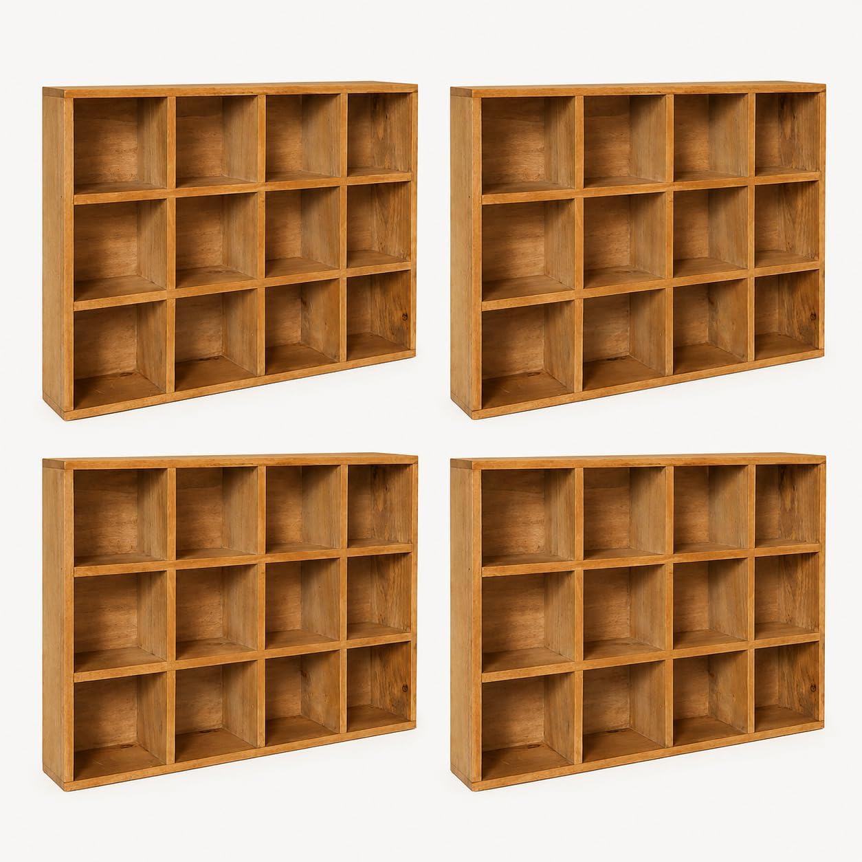 48-Compartment Wooden Cubby Display Shelf Set - 4-Pack Stackable Curio Organizer for Mini Figures, Shot Glasses, Crystals & Collectibles