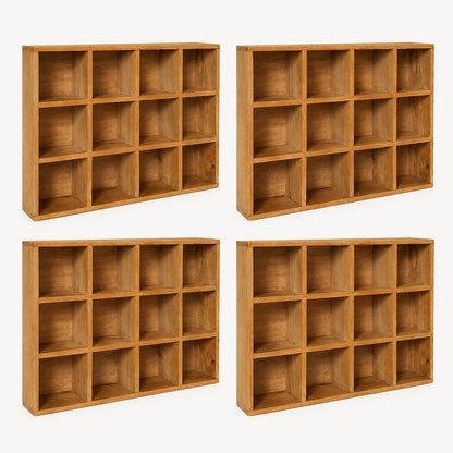 48-Compartment Wooden Cubby Display Shelf Set - 4-Pack Stackable Curio Organizer for Mini Figures, Shot Glasses, Crystals & Collectibles