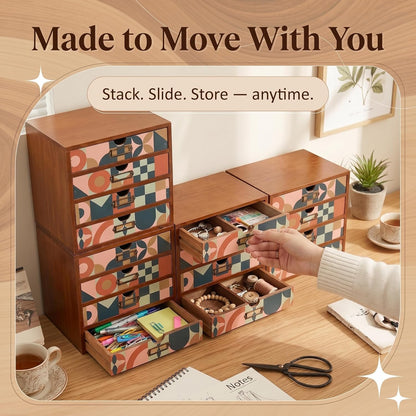 Mid-Century Modern 16-Drawer Wooden Organizer Set - Modular Stackable Desktop Storage Cabinet for Desk, Vanity, Kitchen, Crafts & Jewelry