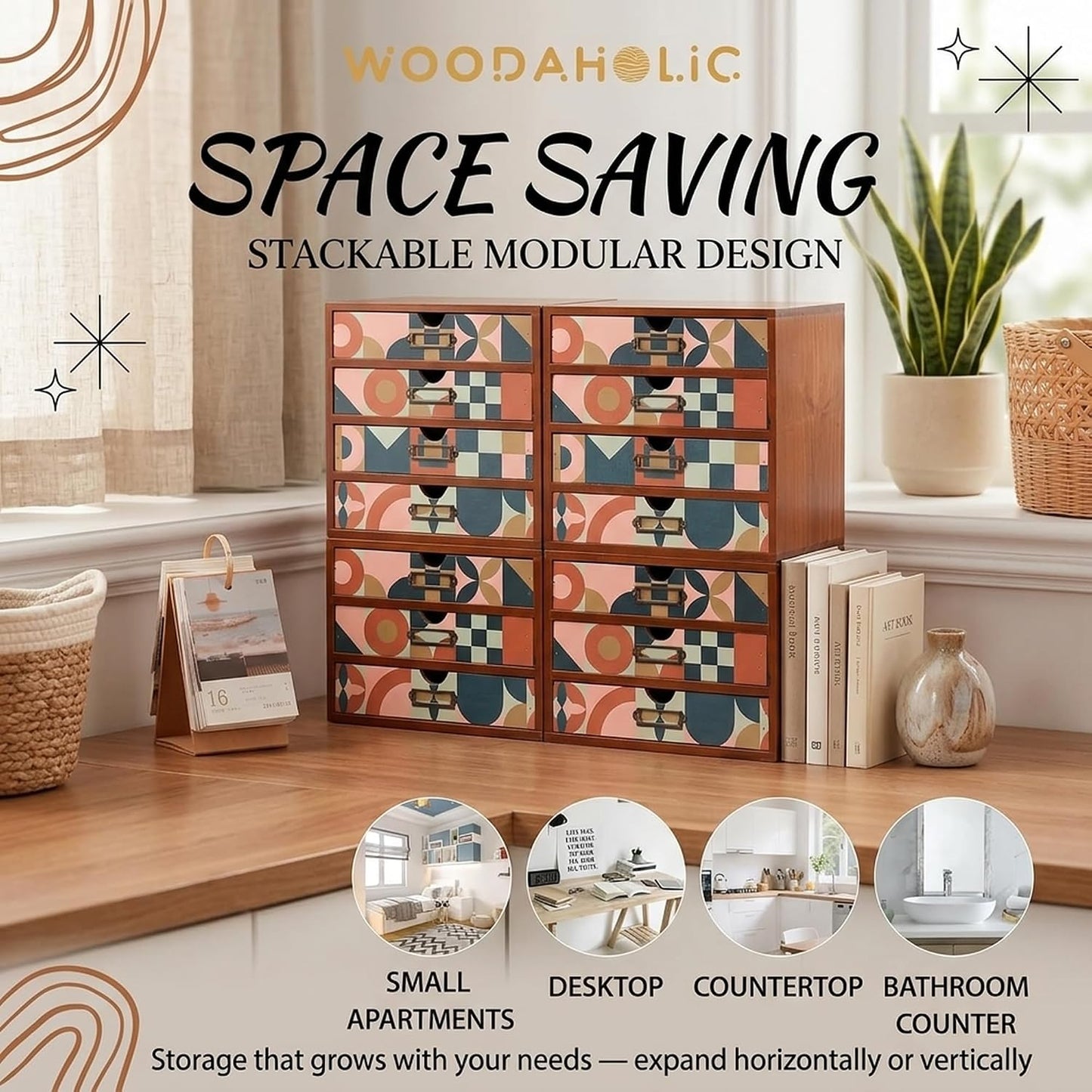 Mid-Century Modern 16-Drawer Wooden Organizer Set - Modular Stackable Desktop Storage Cabinet for Desk, Vanity, Kitchen, Crafts & Jewelry