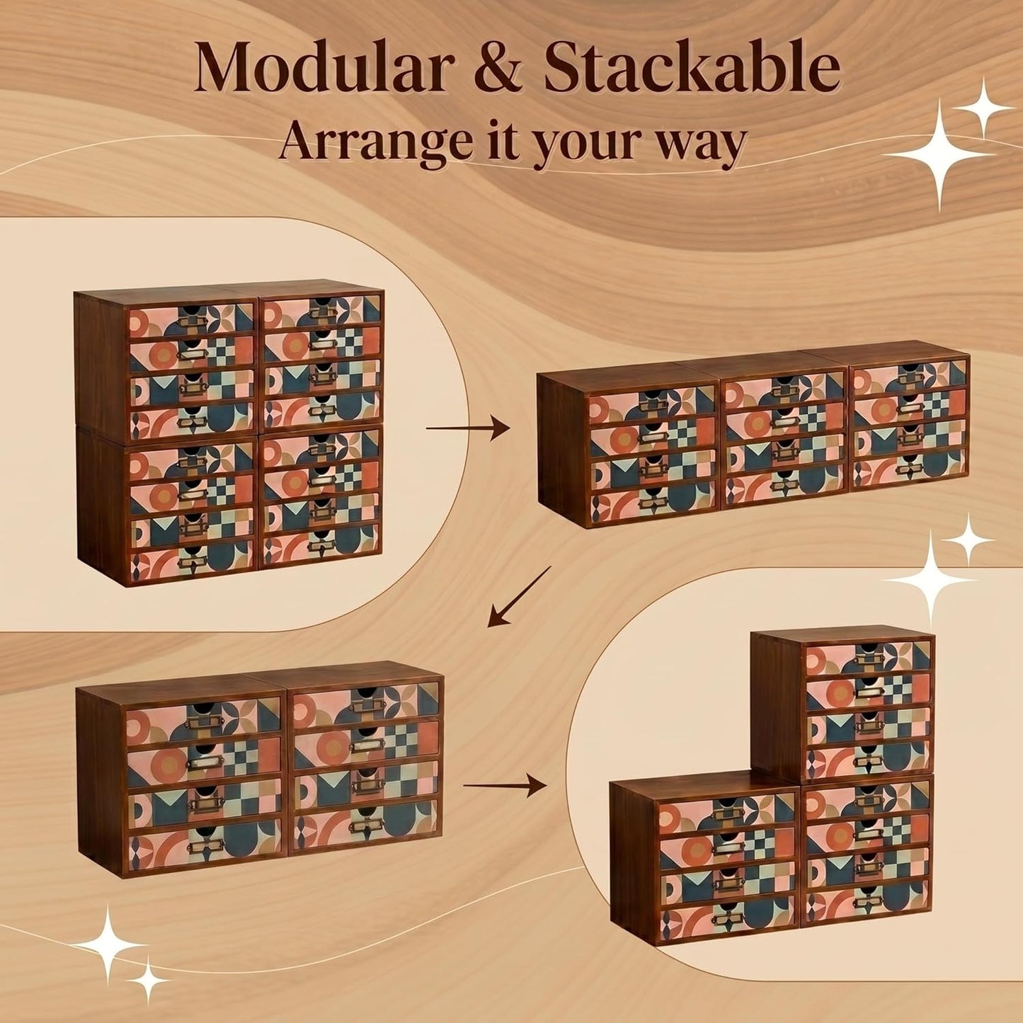 Mid-Century Modern 16-Drawer Wooden Organizer Set - Modular Stackable Desktop Storage Cabinet for Desk, Vanity, Kitchen, Crafts & Jewelry