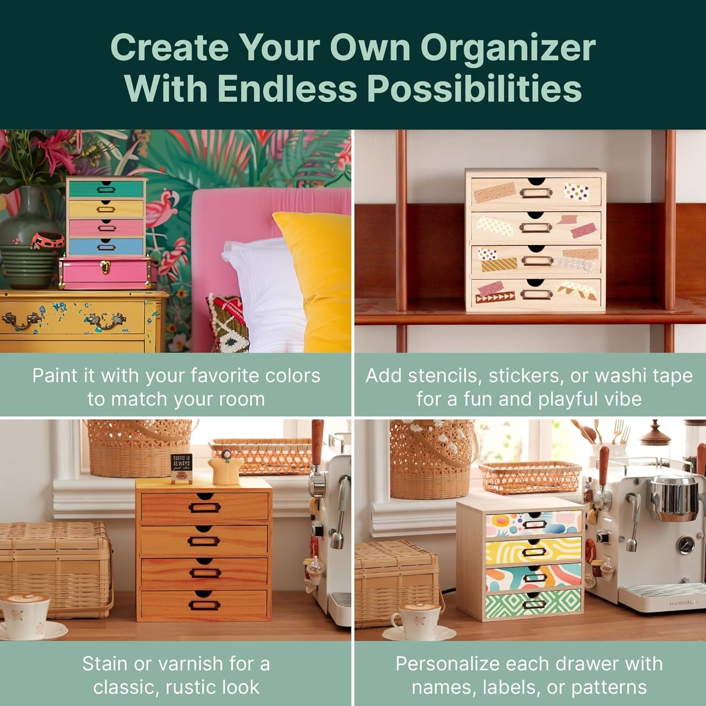 DIY Wooden Unfinished 4-Drawer Storage Box for Crafts, Office & Home | Personalizable, Compact Wooden Desktop Organizer