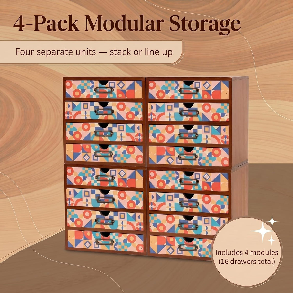 Colorful Mid-Century Modern 16-Drawer Organizer - Stackable Wooden Storage Cabinet with Label Holders for Makeup, Cables, Stationery & Accessories
