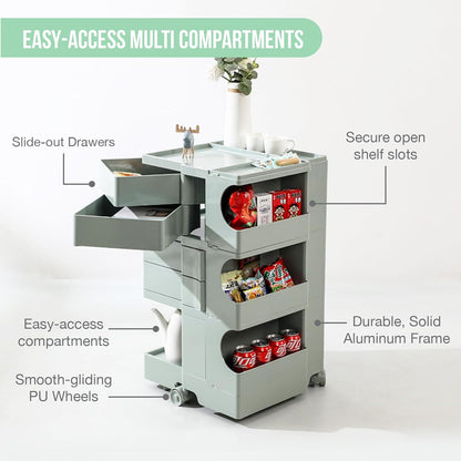 Multipurpose Utility Storage Cart - ABS Plastic Storage Caddy with Wheels and Slide Out Drawers - Sage Green