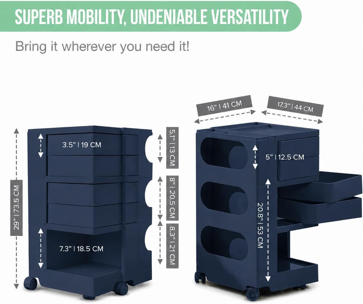 All-in-One Rolling Utility Cart with 4 Swing-Out Drawers, Open Shelves & Swivel Wheels - Navy Blue