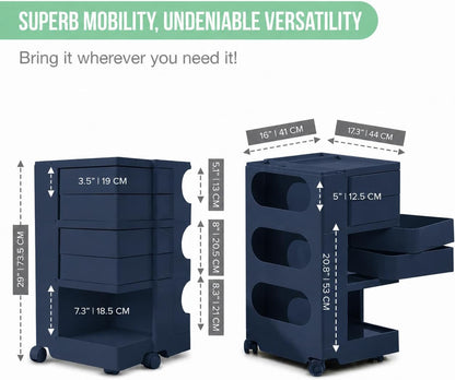 All-in-One Rolling Utility Cart with 4 Swing-Out Drawers, Open Shelves & Swivel Wheels - Navy Blue