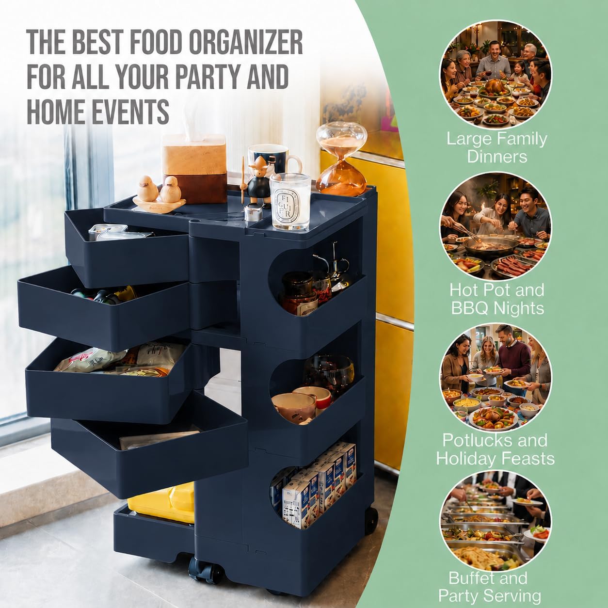 All-in-One Rolling Utility Cart with 4 Swing-Out Drawers, Open Shelves & Swivel Wheels - Navy Blue