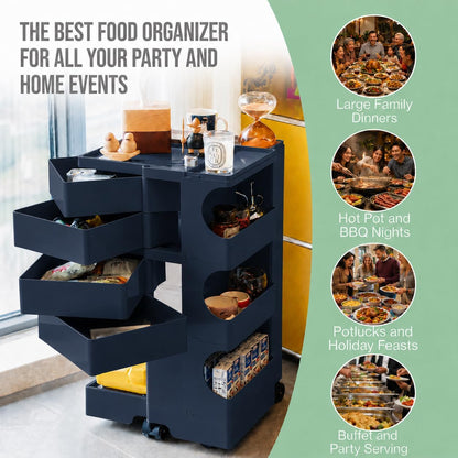 All-in-One Rolling Utility Cart with 4 Swing-Out Drawers, Open Shelves & Swivel Wheels - Navy Blue