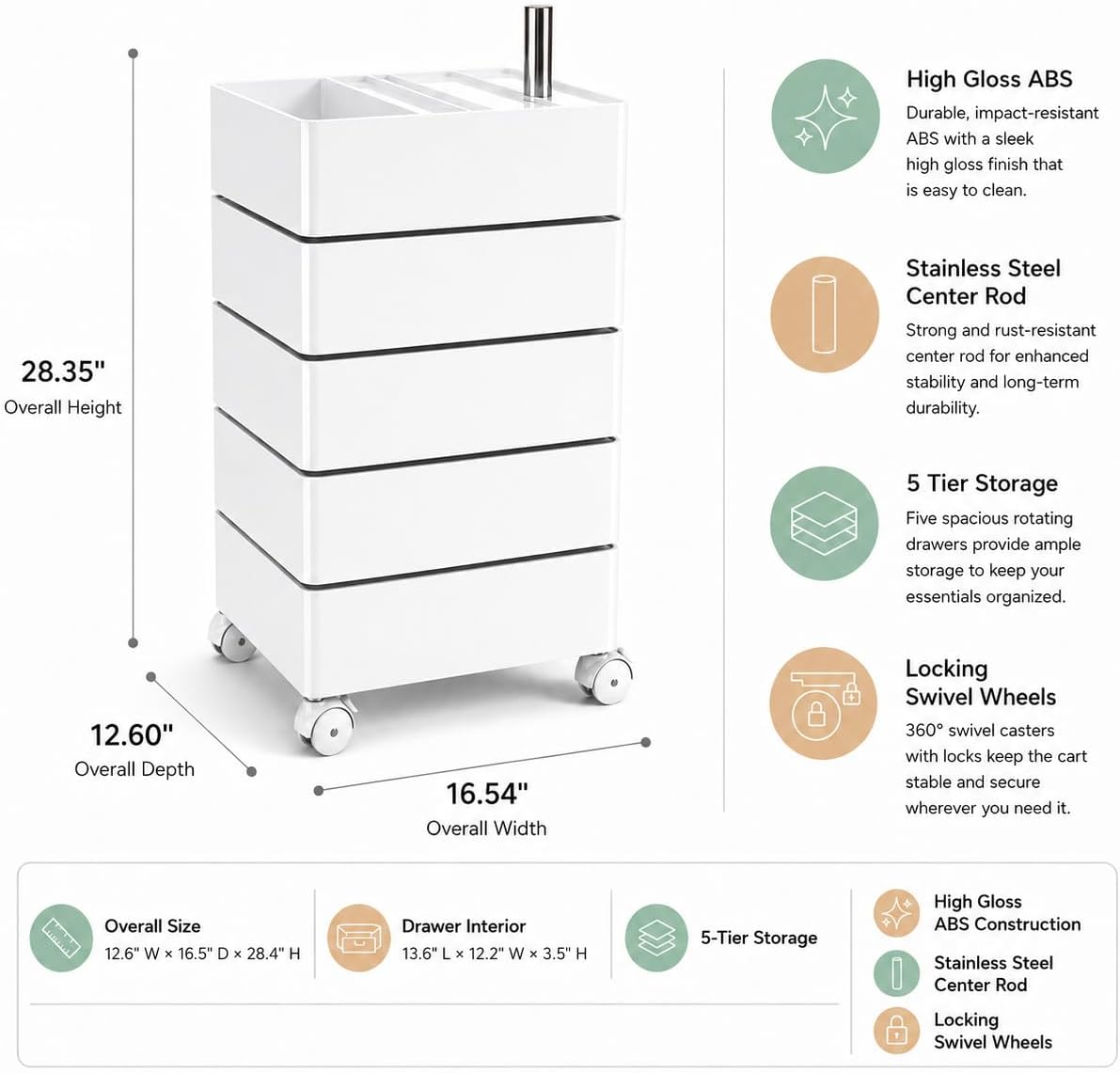 5-Level Rotating Drawer Rolling Organizer Trolley with Locking Casters - White