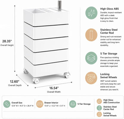 5-Level Rotating Drawer Rolling Organizer Trolley with Locking Casters - White
