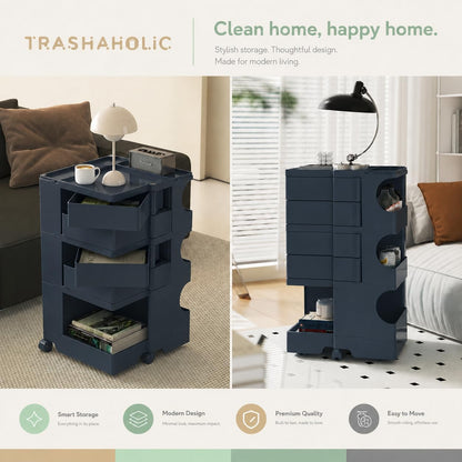 All-in-One Rolling Utility Cart with 4 Swing-Out Drawers, Open Shelves & Swivel Wheels - Navy Blue