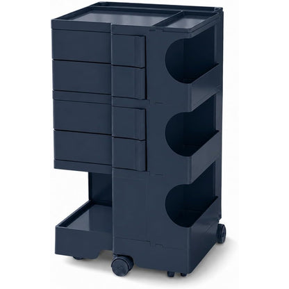 All-in-One Rolling Utility Cart with 4 Swing-Out Drawers, Open Shelves & Swivel Wheels - Navy Blue