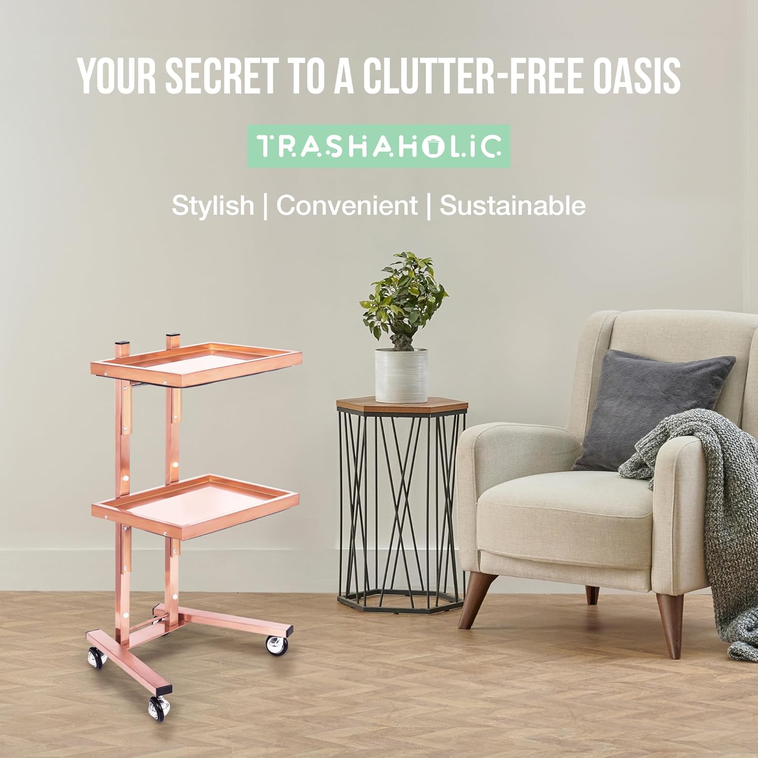 Rose Gold 2-Tier Utility Cart on Wheels