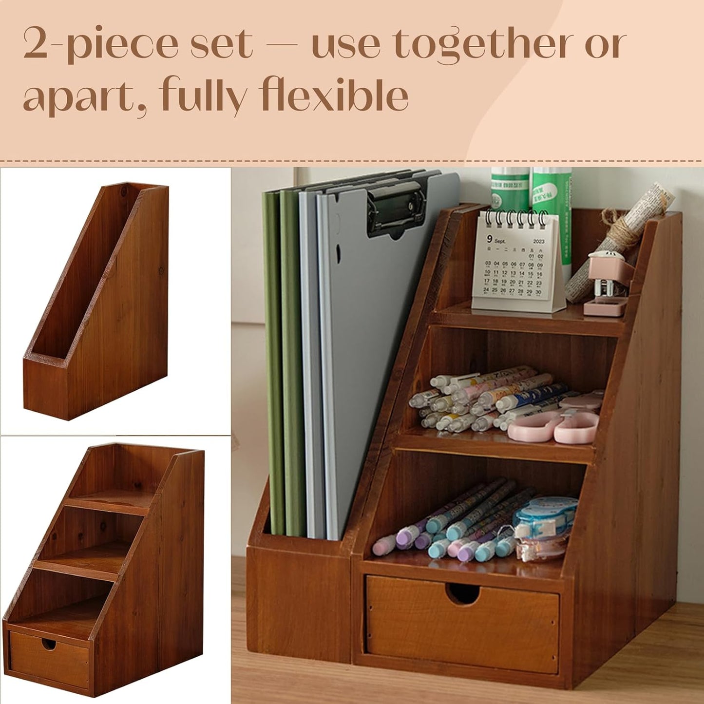 Vintage Wooden Desk Organizer Set of 2 – Desktop File Holder, Shelf Organizer & Drawer Storage