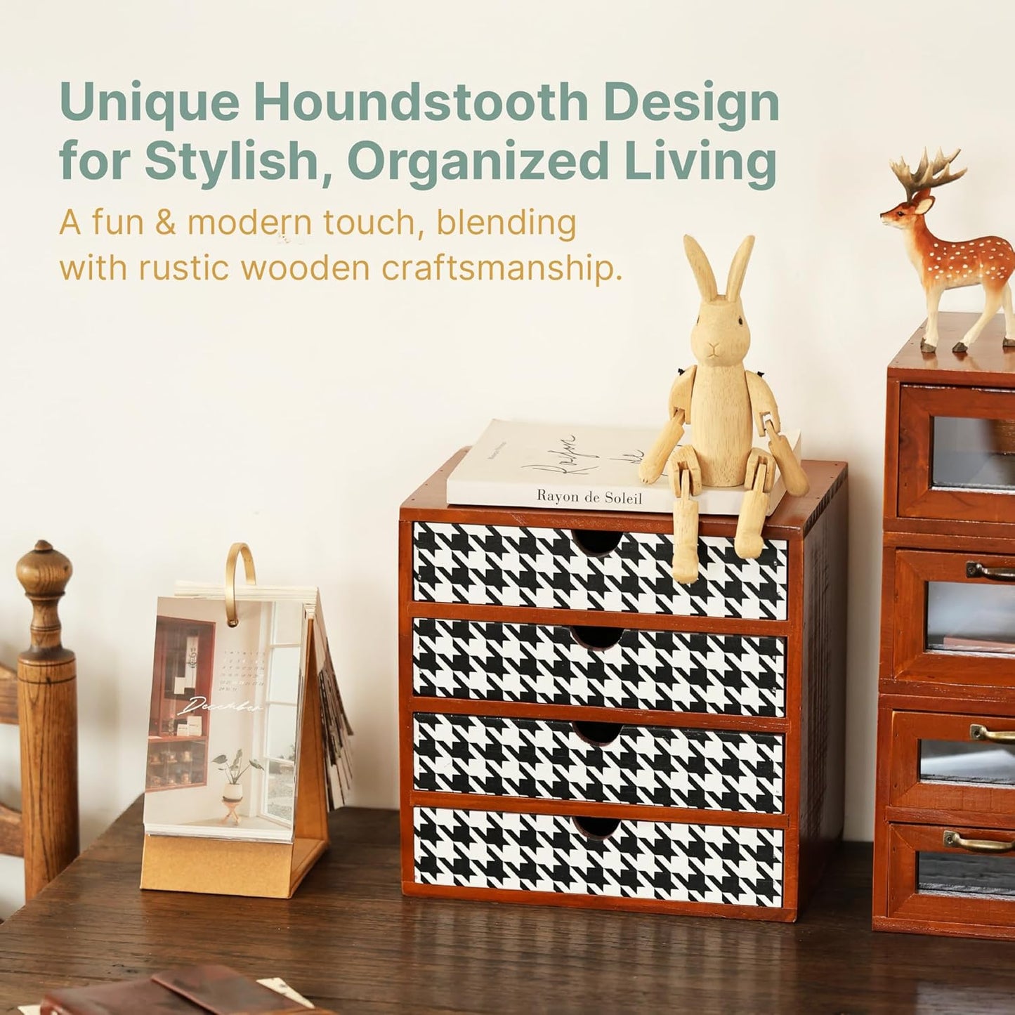 Houndstooth Pattern Wooden Desk Organizer - 4-Drawer Modern & Rustic Storage Cabinet for Office, Crafts, & Home Organization