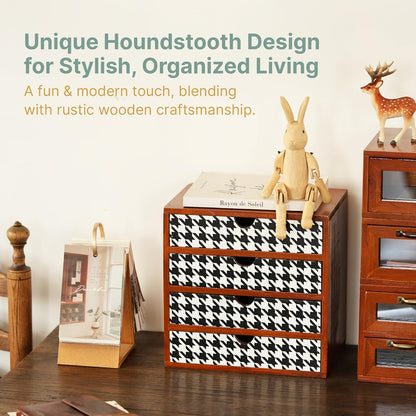 Houndstooth Pattern Wooden Desk Organizer - 4-Drawer Modern & Rustic Storage Cabinet for Office, Crafts, & Home Organization