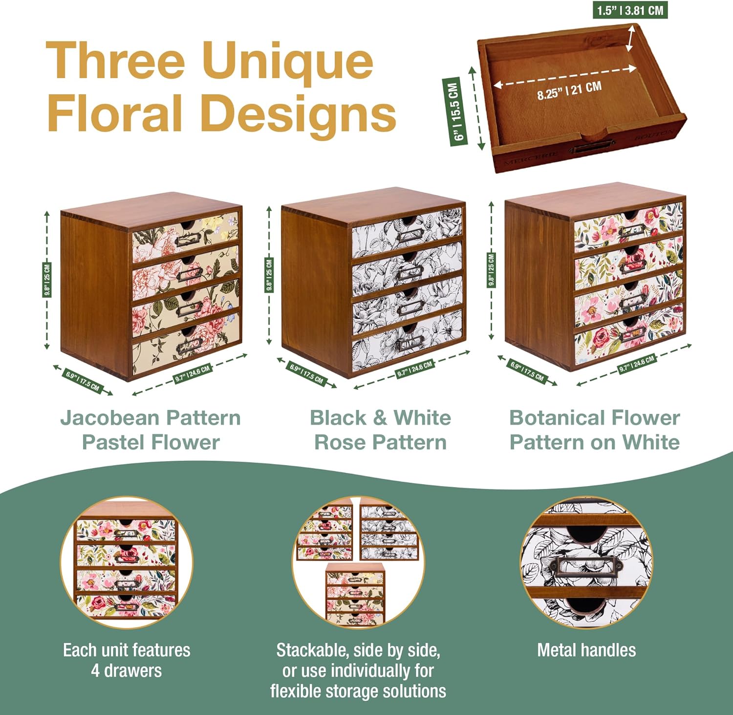 Load image into Gallery viewer, Unique Floral Desktop Organizer 3 Set Collection – 4 Drawer Vintage Wood Shelf For Arts &amp; Craft Supplies