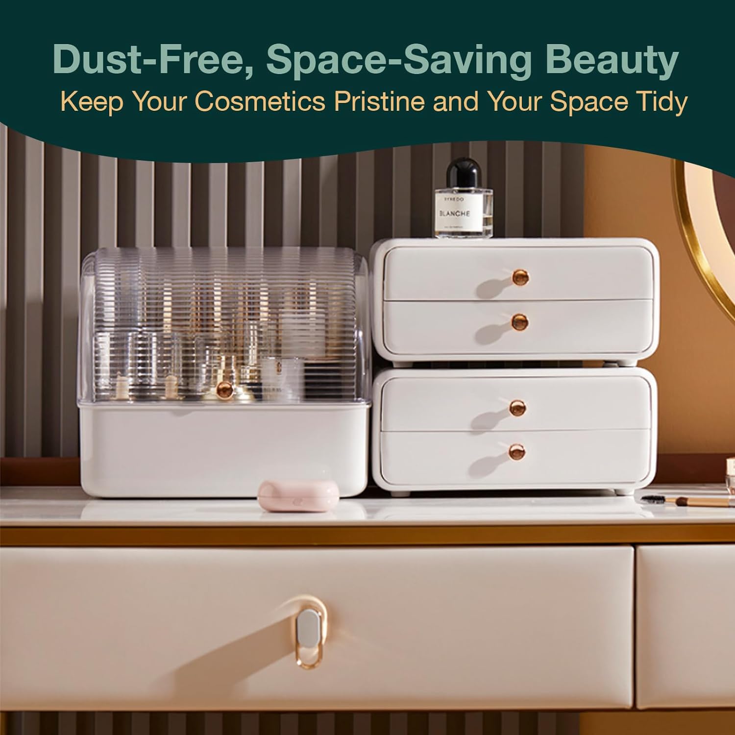 Load image into Gallery viewer, 2-Piece Skincare Organizer Set-Stackable, Dustproof Caddies with Convenient Open Shelves &amp; Drawers - Snow White