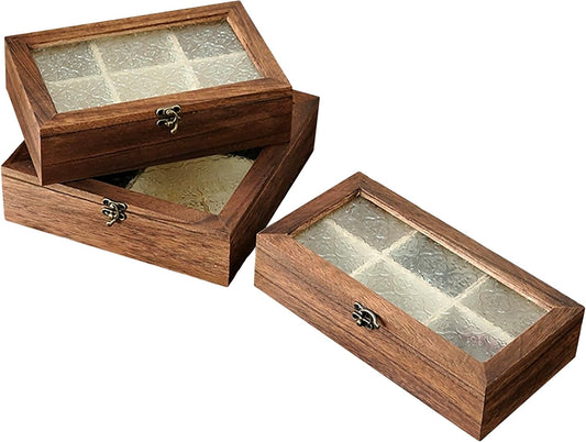 Set of 3 Moroccan Glass Wooden Boxes