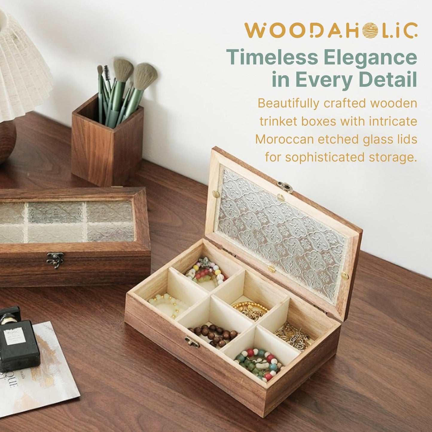 Set of 3 Moroccan Glass Wooden Boxes