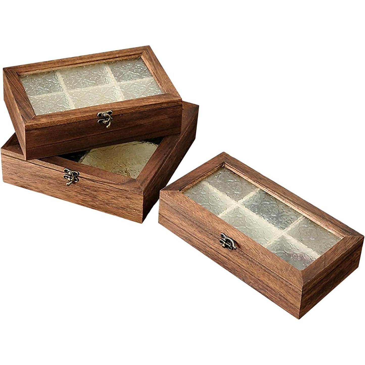 Set of 3 Moroccan Glass Wooden Boxes with Lids – Dark Brown