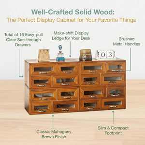 16-Drawer Mahogany Wood Organizer: 4x4 Versatile Desktop Storage with Transparent Drawers for Office, Vanity & Kitchen