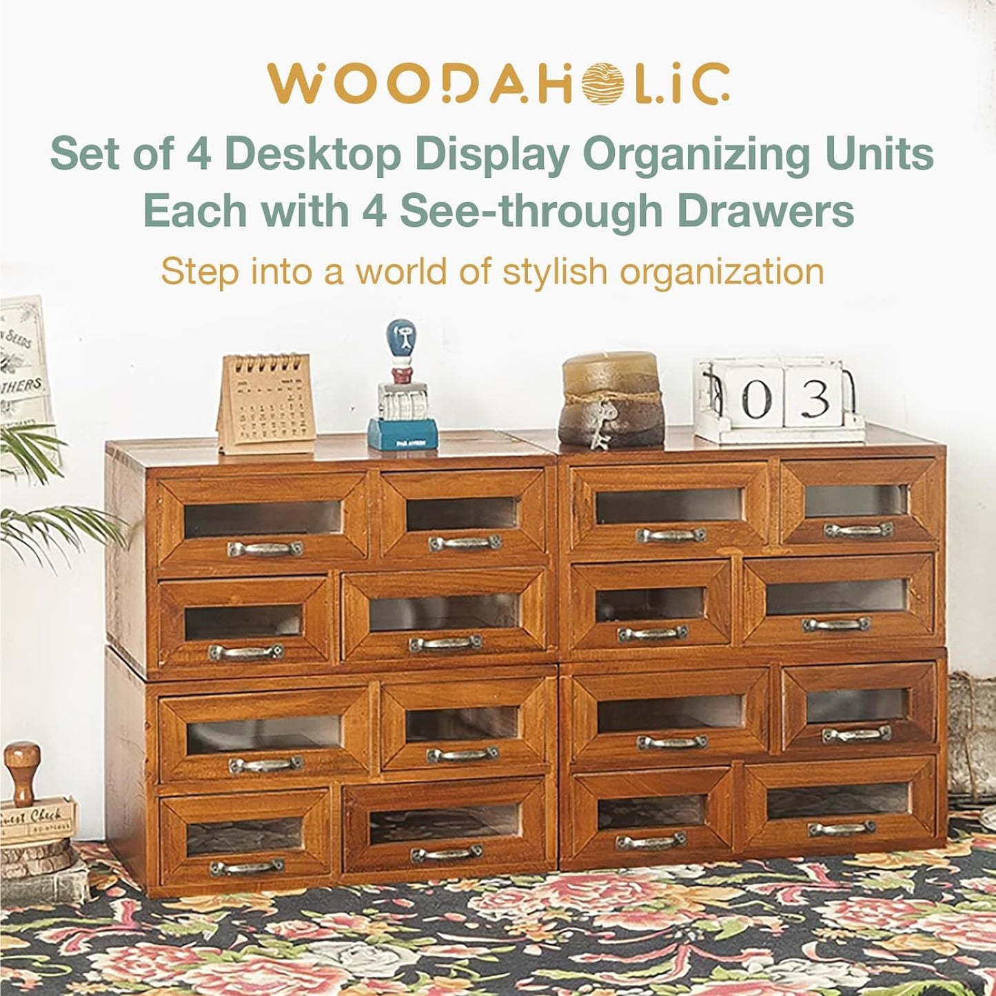 16-Drawer Mahogany Wood Organizer: 4x4 Versatile Desktop Storage with Transparent Drawers for Office, Vanity & Kitchen