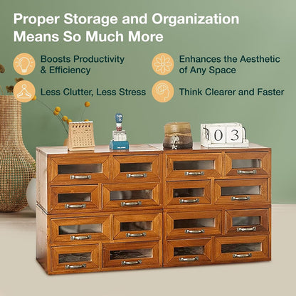 16-Drawer Mahogany Wood Organizer: 4x4 Versatile Desktop Storage with Transparent Drawers for Office, Vanity & Kitchen