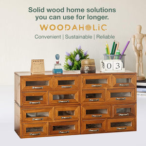 16-Drawer Mahogany Wood Organizer: 4x4 Versatile Desktop Storage with Transparent Drawers for Office, Vanity & Kitchen