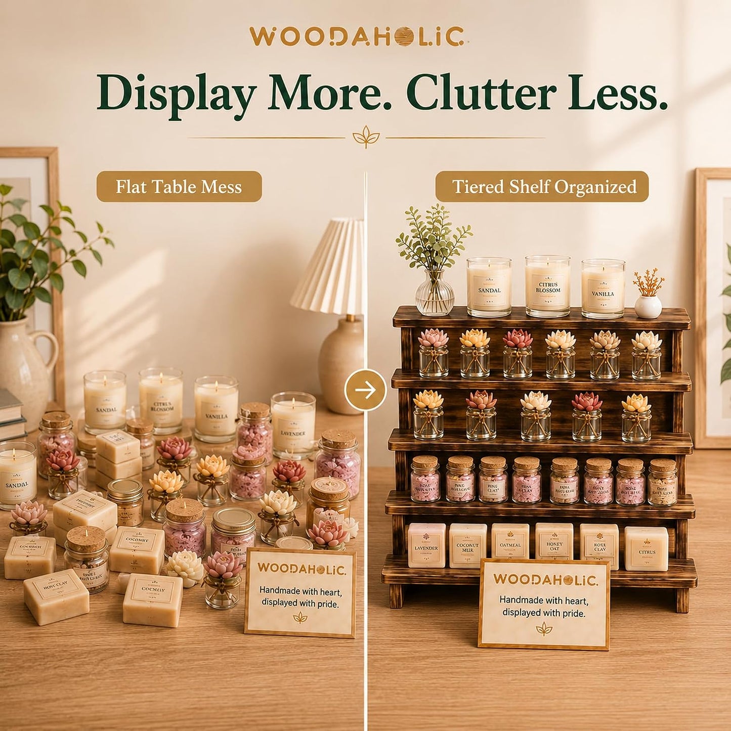 5-Tier Wooden Display Riser Stand - Rustic Burnt Wood Tabletop Shelf for Perfume, Candles, Nail Polish, Crystals & Vendor Booth Displays