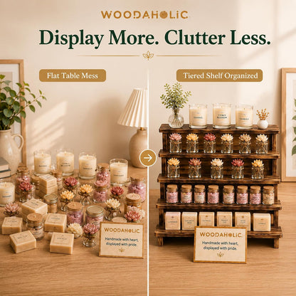 5-Tier Wooden Display Riser Stand - Rustic Burnt Wood Tabletop Shelf for Perfume, Candles, Nail Polish, Crystals & Vendor Booth Displays