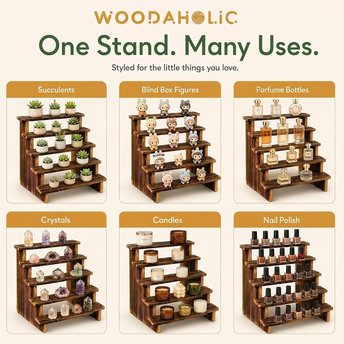 5-Tier Wooden Display Riser Stand - Rustic Burnt Wood Tabletop Shelf for Perfume, Candles, Nail Polish, Crystals & Vendor Booth Displays