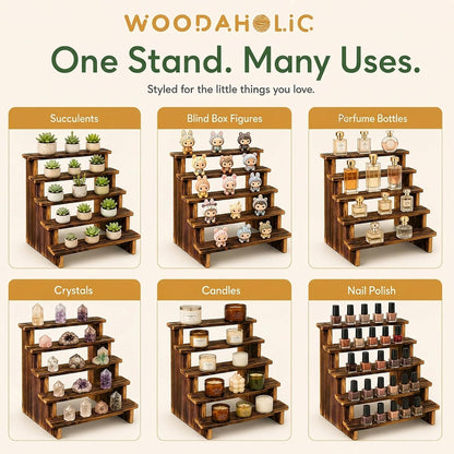 5-Tier Wooden Display Riser Stand - Rustic Burnt Wood Tabletop Shelf for Perfume, Candles, Nail Polish, Crystals & Vendor Booth Displays