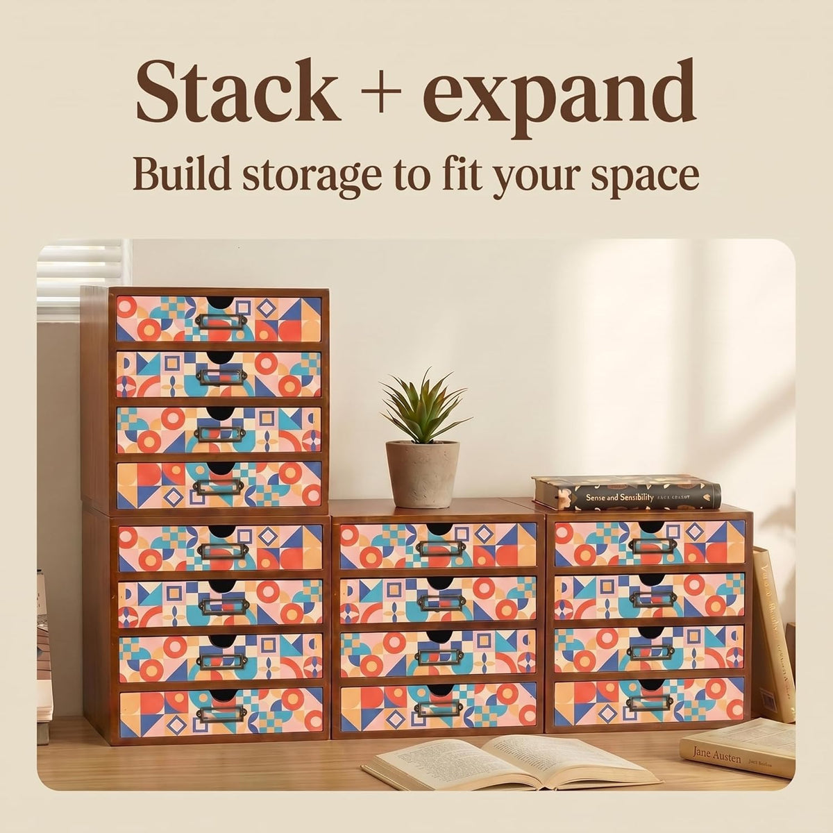 Colorful Mid-Century Modern 16-Drawer Organizer - Stackable Wooden Storage Cabinet with Label Holders for Makeup, Cables, Stationery & Accessories