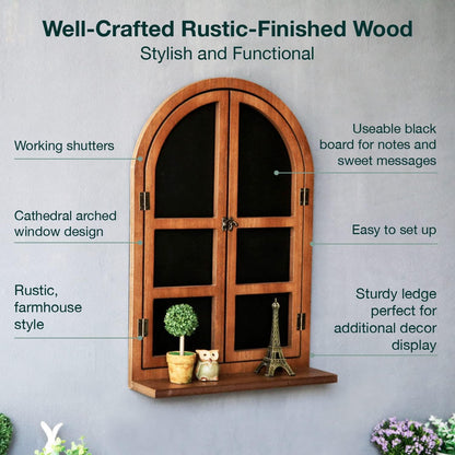 Rustic Arched Window Wood Frame Board - Farmhouse Style Frame Wall Decor with Window Sill & Shutters